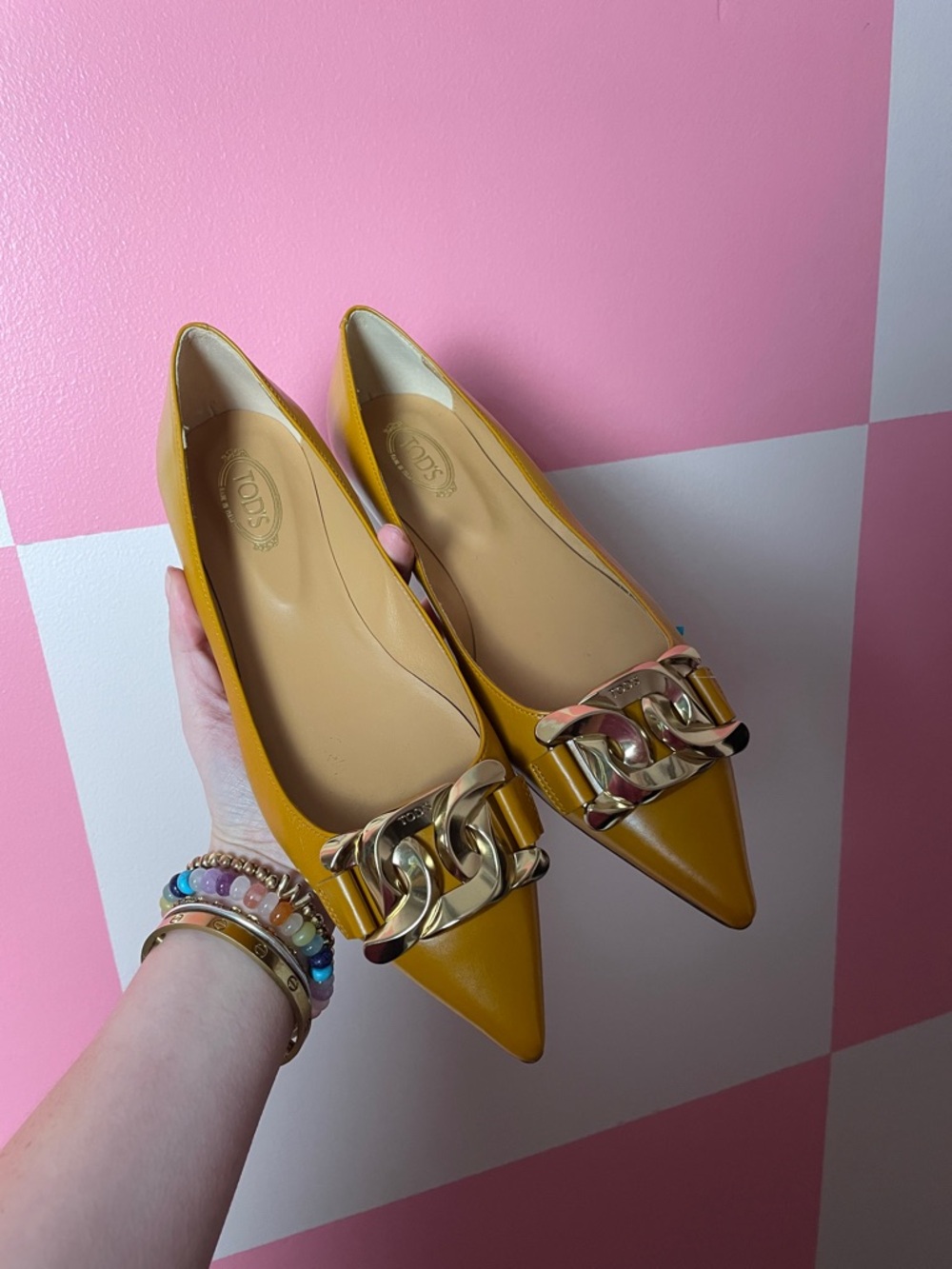 Tod's Yellow Leather Pointed-Toe Flats with Gold Chain